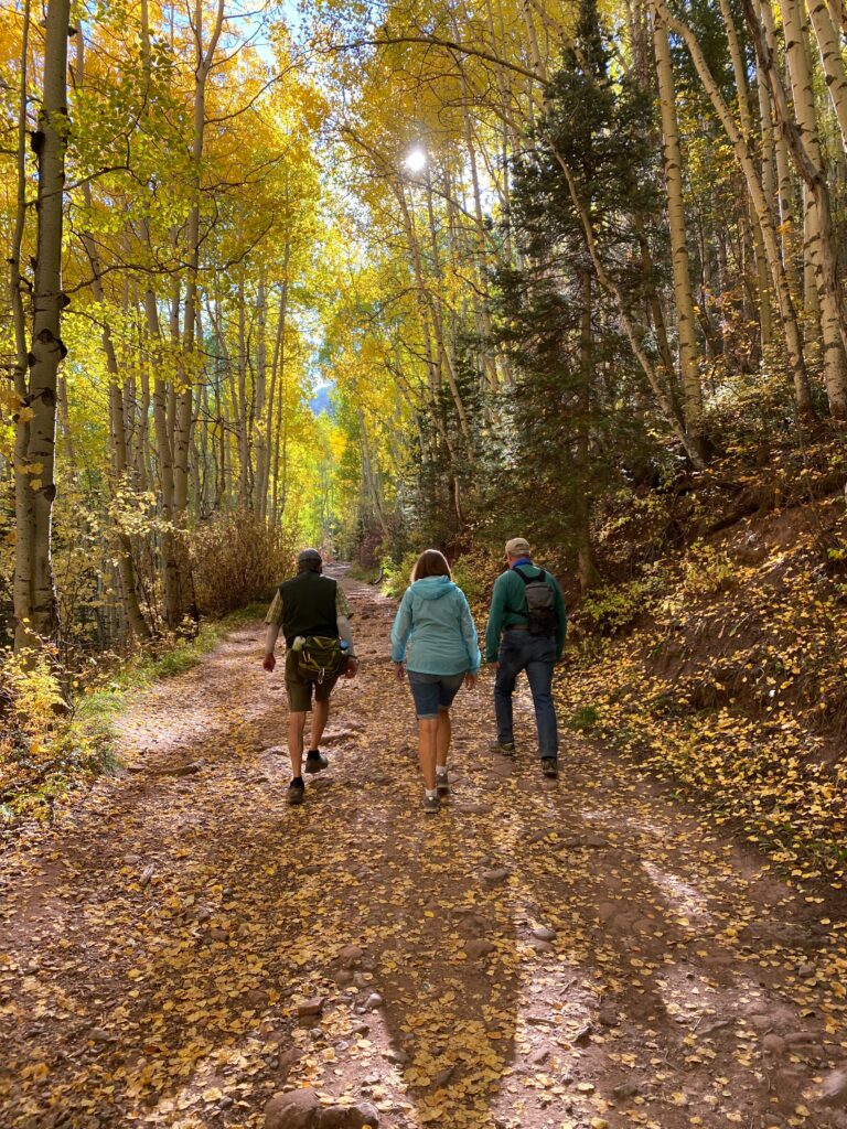 three people walking through the woods in autumn